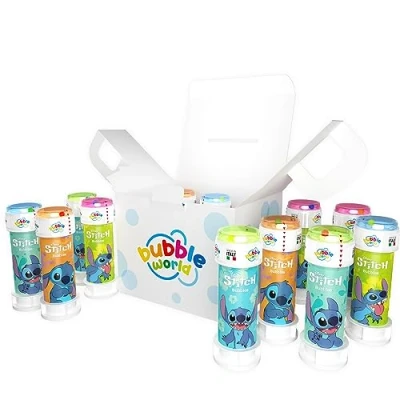 Image de Bubble World Stitch Party Pack 12 flacons de Bulles 60 ML Tubes Unicolore et souffleur intégré Parfait pour Les fêtes d&#039;anniversaire Votre Enfant Ses Amis Fabriqué en Italie