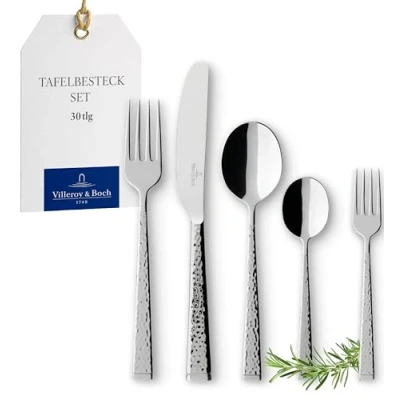 Image de Villeroy &amp; Boch Blacksmith Ménagère Couverts 30 Pièces Pour 6 Personnes Argent/Platine, Garanti Lave Vaisselle, Couvert En Inox, Ensemble Couvert, Set De Table, Acier Inoxydable