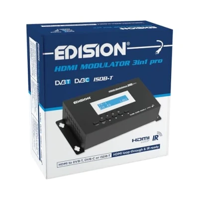 Image de Edision HDMI Modulator 3in1 Pro, Modulateur vers Terrestre DVB T, ISDB T ou Câble C, Distribution Full HD sur Coaxial, Loop, RF in, Affichage LCD, Installation Rapide, Plug &amp; Play