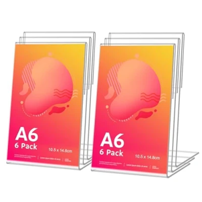 Image de Lot de 6 Porte Affiche Document A6, Forme en L Incliné Acrylique Transparent, Présentoir Comptoir, Publicité, Cadre Photo, Pancartes, Brochures, Dépliants, Menus, Affichage, Bureau, Magasin