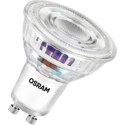 Image de OSRAM à réflecteur LED de classe énergétique PAR16 1,3 W, 240 lm, blanc chaud (2700 K) en verre transparent sans plomb avec culot GU10 d&#039;efficacité A, diamètre 50 mm, IP20.