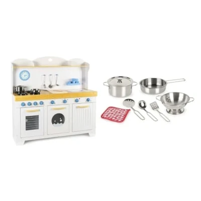 Image de Leomark Cuisine en Bois Saint Tropez avec Pots Métal et Accessoires H107x106x32cm Une Aventure Culinaire pour Enfants Réalistes Jeu Créatif Horloge, Four, Lave Linge Vaisselle!