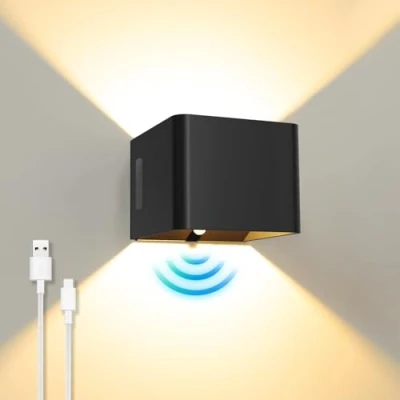 Image de ACMHNC Lampe Murale Sans Fil, Applique Intérieure Rechargeable avec Détecteur de Mouvement, 5W LED Chambre Interrupteur, Blanc Chaud,Noir