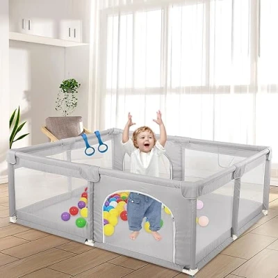 Image de OHMG parc pour bébé, intérieur et extérieur, barrière anti basculement, clôture enfant avec mousse collision filet respirant, appartement