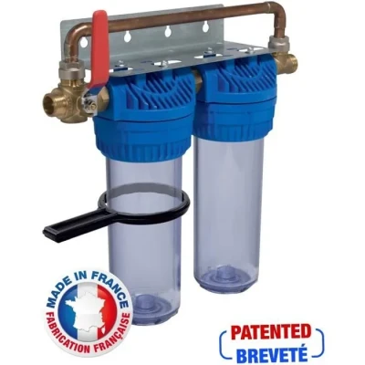 Image de AQUAWATER 104041 Station filtre double avec cartouches de filtration et anticalcaire/ anticorrosion Facilité raccordement inégalée Durée des : 24 mois gris BY PASS BREVETE