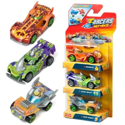 Image de T Racers Mix &#039;N Race Lot de 3 Voitures Collection Chaque Voiture Peut être divisée en Deux avec des pièces et Roues interchangeables. Pack 1/4