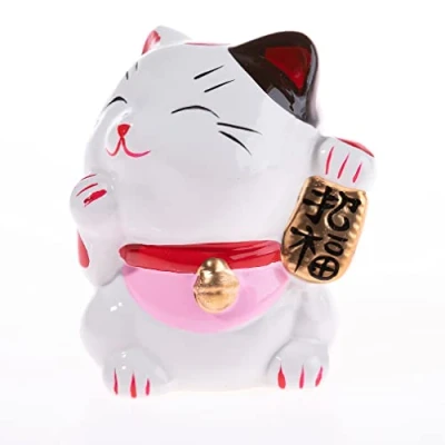 Image de Lachineuse Chat Maneki Neko Figurine Statuette Japonais Porte Bonheur Objet Kawaii Déco Lucky Cat Porcelaine 9,5 cm Mignon Asiatique Chance, Coloris Blanc &amp; Rose
