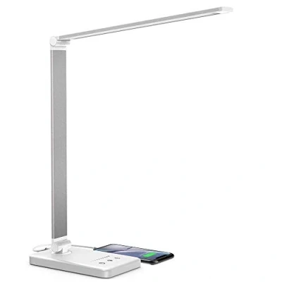 Image de Lampe de Bureau LED, Lampes Dimmable 5 Modes Couleur 10 Niveaux Luminosité, Flexible Contrôle Tactile Protection des Yeux, chevet Avec Port USB et Fonction Minuterie (Argent)