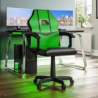 Image de Vida Designs Racing Comet Chaise de gaming pour bureau, vert et noir, réglable, pivotante, inclinable, similicuir PU
