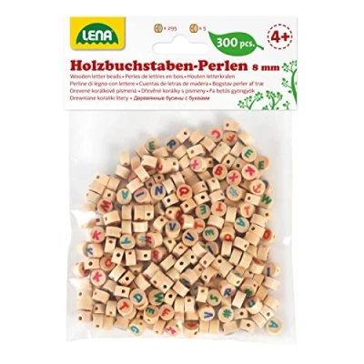 Image de Lena Bricolage, 300 Rondes à Enfiler et avec des Lettres, Set de Perles en Bois pour Enfants partir 4 Ans, Naturel Brun, 32051, Cube Nature/Ecriture colorée