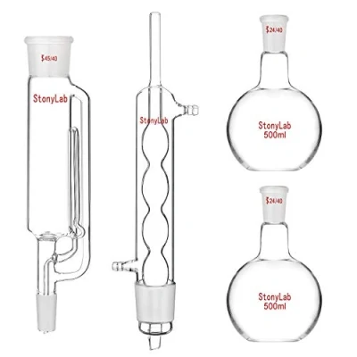 Image de stonylab Appareil d&#039;Extraction Type Soxhlet 500 ml, Verre Borosilicate 45/40 Extracteur avec Condenseur Allihn et 2 Fioles à Fond Plat ml Joint 24/40, Unité Complète