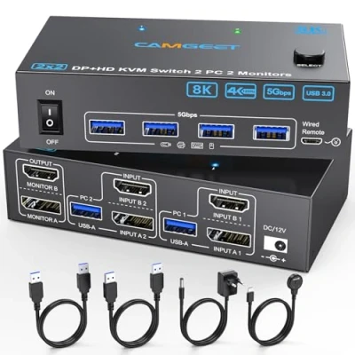Image de Camgeet Commutateur KVM Displayport HDMI 2 moniteurs ordinateurs, 4K@144Hz PC et 4 ports USB 3.0. Câbles USB, télécommande filaire incluse