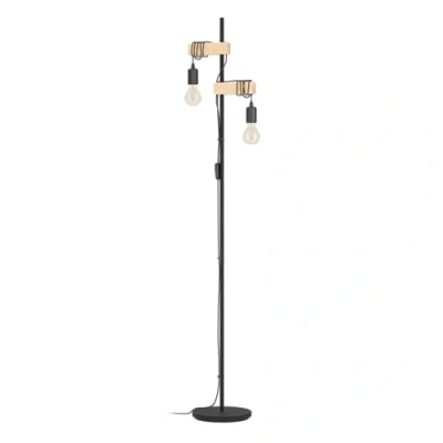 Image de Eglo Lampadaire Townshend, Lampe de Sol à 2 Flammes au Design Industriel, sur Pied en Acier et Bois, Noir, Marron, Douille E27, certifié FSC, Interrupteur Inclus