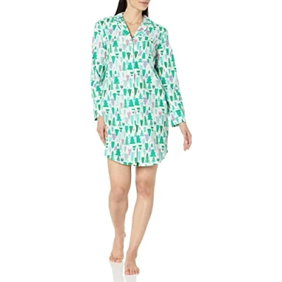 Image de Amazon Essentials Chemise de Nuit à col cranté en Flanelle tissée (Grandes Tailles Disponibles) Femme, Écru Sapin Noël, XS