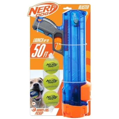 Image de Nerf Dog Ensemble cadeau de jouets pour chien avec balle tennis lancée jusqu&#039;à 15,2 m, lanceur balles toutes les races, comprend un bleu translucide et