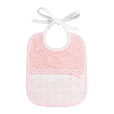 Image de Filet Bavoir en Eponge Colorée, Réalisé Entièrement à Main avec Poche Toile Aida Broder, Idéal pour les Nouveau nés et Petite Enfance, 100% Made in Italy, Color Blanc Rose, Mesures 18x21