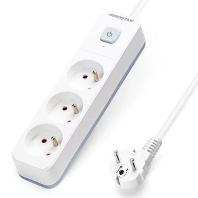 Image de Aigostar Multiprises 3 Prises avec Interrupteur, Extension D&#039;alimentation de Mètre, Sécurité Enfant, Française, Blanc, 16A 250V