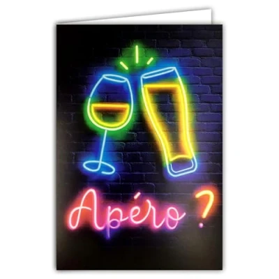 Image de 69 8121 Carte FLUO Texte NÉON Apéro avec Enveloppe 12x17,5cm Trinquer Bière Vin Bonne Santé Félicitations Apéritif Intérieur Blanc pour écriture Véritables encres Créé et Fabriqué en France