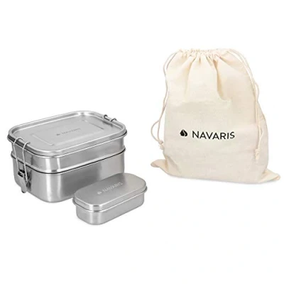 Image de Navaris Boîte Repas Acier à hermétique 100% INOX avec 3 pièces Lunch Box 800ml 600ml 180ml Bento loquet