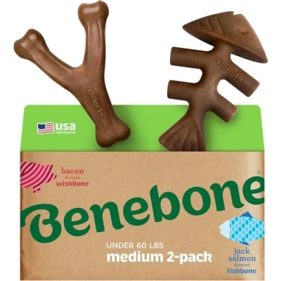 Image de Benebone Lot de 2 Jouets à mâcher durables pour Chien, véritable Poisson, Bacon, fabriqués aux États Unis, Taille M