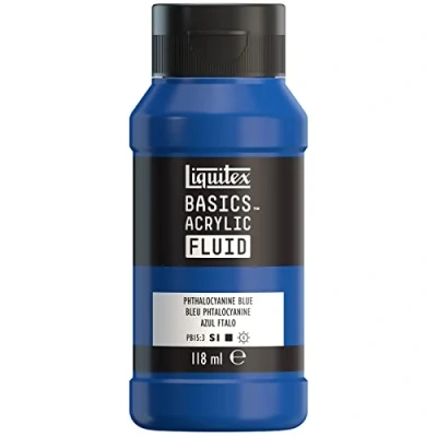 Image de Liquitex 8870398 Basics Fluid Peinture acrylique à consistance fluide, séchage rapide, résistante la lumière, imperméable, base d&#039;eau, Flacon de 118 ml, Bleu Phtalocyanine