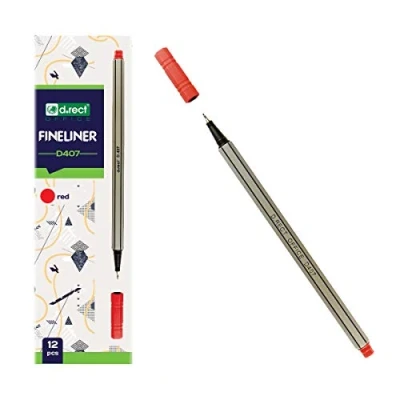 Image de D.RECT D407 Fineliner Convient pour un usage quotidien, écriture et fournitures scolaires Haute qualité, super fin, largeur de ligne env. 0.4 mm, 12 pièces, rouge