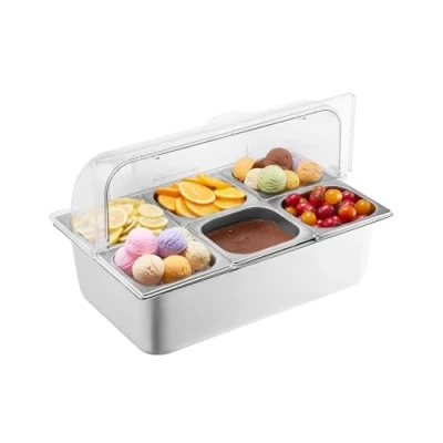 Image de VEVOR Saladette Réfrigérée à Poser avec 6 Plateaux en Acier Inoxydable, Vitrine Comptoir Couvercle Transparent et 3 Bacs Glaçons, pour Buffert Restaurant Hôtel Cuisine Fête
