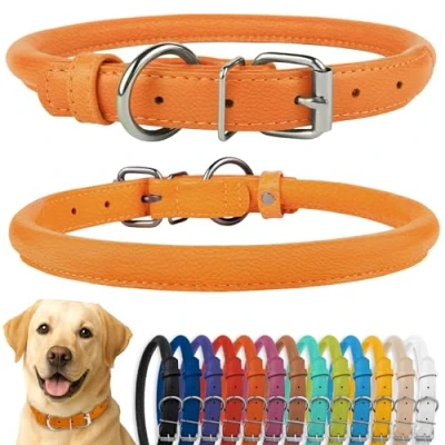 Image de CollarDirect Collier de Chien en Cuir roulé, Chiot Rond rembourré Doux, véritable Fait à la Main pour Petit Grand Chat (40 45 cm, Texture Orange)