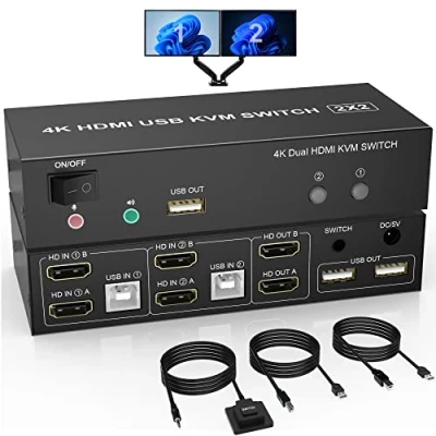 Image de KVM HDMI Switch Dual Monitor 2 Port, 4K @ 60 Hz à affichage étendu Commutateur entrées Sorties avec sortie microphone audio et 3 ports USB, Moniteur PC Clavier Souris