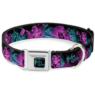Image de Buckle Down Dc wjk047 wm Ceinture de sécurité Collier Chien, écran Large, Medium, Harley Quinn POW et visée Poses/Joker Sketch Noir/Turquoise/Fuchsia