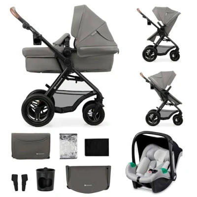 Image de Kinderkraft MOOV2 AIR Poussette 3 en 1, Système de voyage la naissance à 27 kg, Siège auto Mink PRO I Size inclus, Capote extensible avec filtre UPF50+, Roues gonflables, Gris Clair