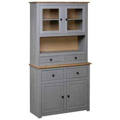 Image de vidaXL Pin Massif Buffet Armoire de Rangement Commode Meuble avec Un Compartiment Ouvert 4 Tiroirs 2 Portes et en Verre Maison Gris 93x40,5x180 cm