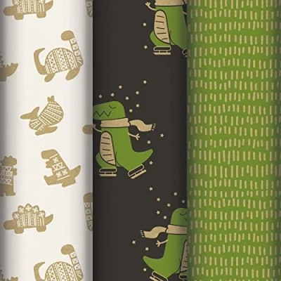 Image de Clairefontaine 223846AMZC Un Carton De 12 Rouleaux Papier Cadeau Kraft Vergé 60g Dimensions : 2x0,70m Motif Kraft, Dinausore, Vert, Blanc, Noir Emballage
