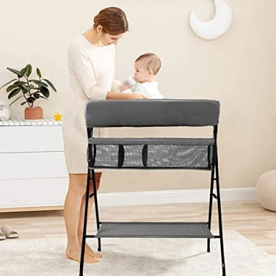 Image de Commode à langer pliable pour bébé,Table mobile avec ceinture de sécurité et compartiments rangement,Combinaison langer,Nés Design Ergonomique,79 * 55.5 96cm (gris)