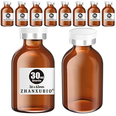 Image de ZHANXUBIO Lot de 10 flacons vides stériles avec port d&#039;injection auto cicatrisant et bouchon en plastique aluminium, emballage stérile (30 ml, ambre)