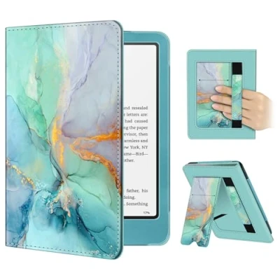 Image de FINTIE Étui pour 7&quot; Kindle Paperwhite 2024 (12e Génération) et Colorsoft Signature Edition (1re Génération), Coque avec Béquille, Compartiment Cartes Dragonne, Marbre Émeraude
