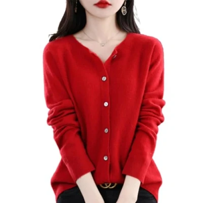 Image de TeysHa Cardigan en Cachemire pour Femmes, Pull Laine à col Rond boutonné Manches Longues, élastique Tricot Doux et Chaud (Red,XX Large)