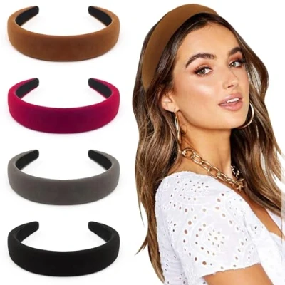 Image de DRESHOW 4 Pièces Bandeaux pour Femmes et Filles Velours Doux Bandeau Mode Boho Large Barrettes à Cheveux Non glissant Accessoires