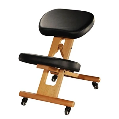 Image de Tabouret ergonomique réglable en bois de hêtre avec assise et genouillères cuir synthétique Noir