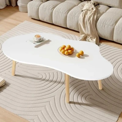 Image de Petite table basse blanche, moderne du milieu siècle pour salon, centre de minimaliste, en bois forme nuage, tables basses blanches petit espace