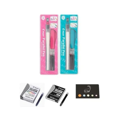 Image de Lot 2 Coffrets Parallel Pen : 3,0 mm + 4,5 6 Cartouches Noires 12 Couleurs Assorties 1 Index Adhesif Blumie (Rose Turquoise)