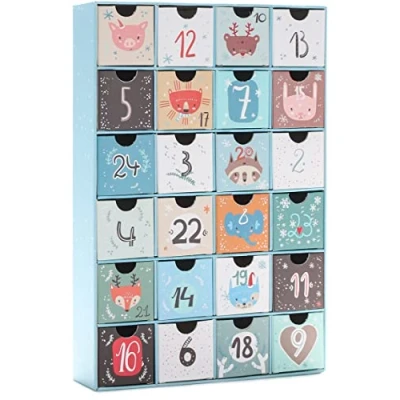 Image de BRUBAKER Calendrier de l&#039;Avent réutilisable 24 Tiroirs à remplir Noël en Carton Hauteur 32,5 cm Bleu/Animaux mignons