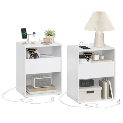 Image de VASAGLE Table de Chevet, Assemblage sans Outils, d’Appoint avec Multiprise et Tiroir, Moderne, Chambre, Salon, Blanc Mat LET777W04
