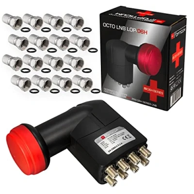 Image de HB Digital Opticum Red Octo LNB LNC Pro LOP 06H 8 participants Directement à la Full HD TV 3D 4K Noir Rocket + Protection Contre Les intempéries (Extensible) * 16 fiches F plaquées Or dans Le kit