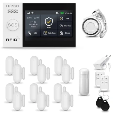 Image de Systeme d&#039;alarme WiFi + GSM 4G LTE, HUXGO HXA007, avec Sirène, 1X détecteur de Mouvement, 12X capteur Porte/fenêtre, TUYA