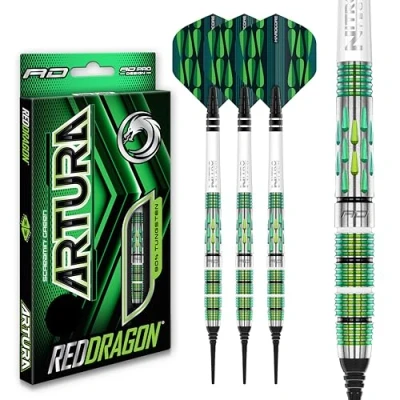 Image de RED DRAGON Artura Screamin&#039; Green Jeu de fléchettes en tungstène Softip Premium 18 grammes avec ailettes et tiges