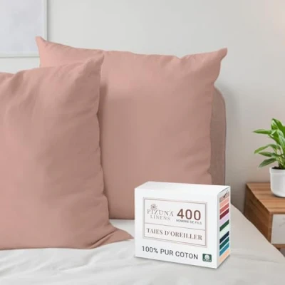 Image de Pizuna Coton Peigné Set de 2 Taies d&#039;oreiller 65x65 cm Rose brumeuse, 100% Longue Tige 400 Fils Armure Satin en avec Rabat 20cm (taies Pièces)