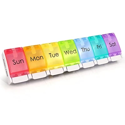 Image de Pilulier hebdomadaire, sans BPA, 7 jours, boîte à pilules de voyage avec grands compartiments et un design unique ouvert ressort pour contenir des comprimés, vitamines, médicaments