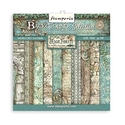 Image de Stamperia Scrapbooking Small Pad 10 Feuilles cm 20,3 x 8 Pouces Backgrounds Selection Magic Forest, Multicolore, 8&quot;