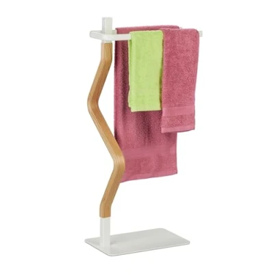 Image de Relaxdays Porte Serviettes, 2 Barres, Non Fixe, Acier et MDF, HLP : 78 x 40 20 cm, Salle de Bain, Blanc Nature
